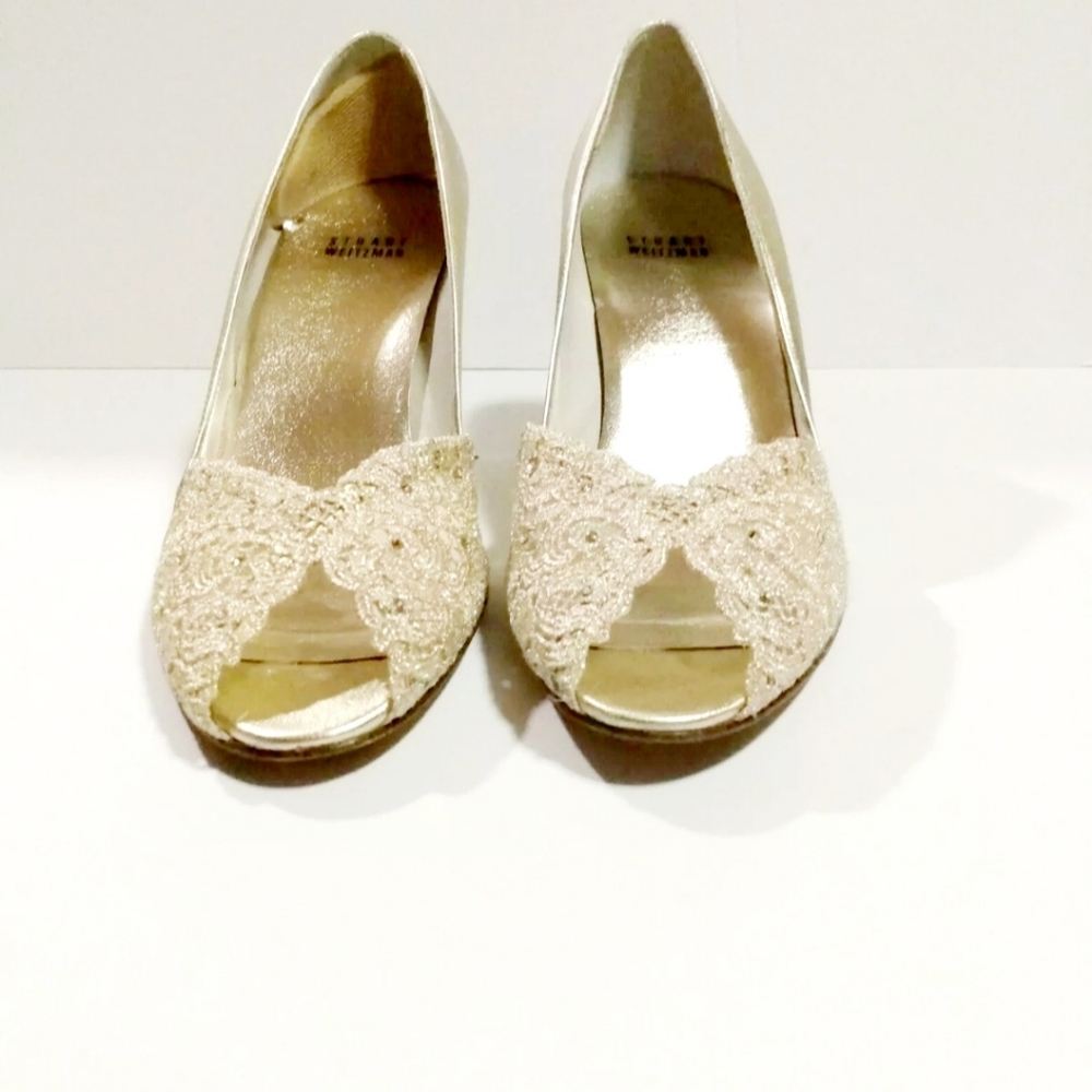 Stuart Weitzman 9 M Gold Sequin peep open toe shoes heels